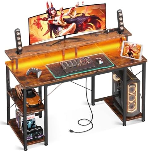 ODK 48 inch Gaming Desk with LED Lights & Power Outlets, Computer Desk with Monitor Stand & Storage Sheves, CPU Stand, Home Office Desk, Vintage