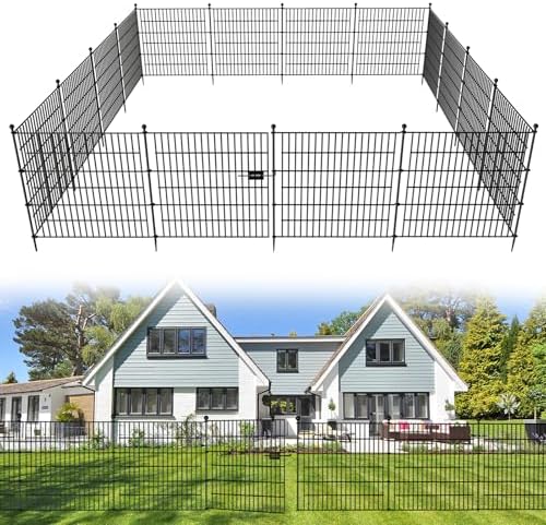 15 Panels No Dig Decorative Outdoor Garden Fence with Gate for Yard, 32 in(H) X 35.4 ft(L) Animal Barrier Fencing Rustproof Metal Wire Panel Border for Dog, Rabbits, and Patio Temporary Ground Stakes