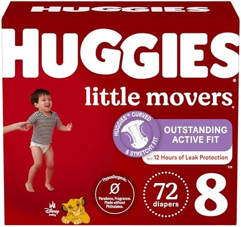Huggies Size 8 Diapers, Little Movers Baby Diapers, Size 8 (46+ lbs), 72 Count