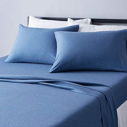 Amazon Basics Cotton Jersey 4-Piece Bed Sheet Set, King, Chambray Blue, Solid