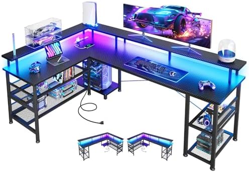 ODK 66" L Shaped Gaming Desk with Power Outlet and LED Lights, PC Gaming Table with Carbon Fiber Texture, Reversible L Shape Desk with Storage Shelves & Monitor Stand, Home Office Desk, Black