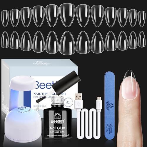 Beetles Gel X Nail Kit, Short Almond Nail Tips Easy Extension Set 240 Pcs Pre Shaped Clear Full Cover Fake Nails Tips with 5 In 1 Nail Glue Uv Led Lamp DIY Manicure Gifts for Women