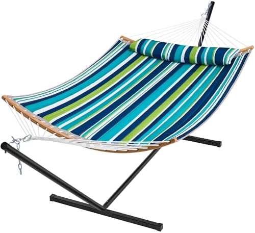 SUPERJARE Hammock with Stand, 2 Person Heavy Duty Hammock with Padded Cotton, Detachable Pillow & Strong Curved-Bar & Portable Carrying Bag, Perfect for Outdoor & Indoor - Dark Cyan