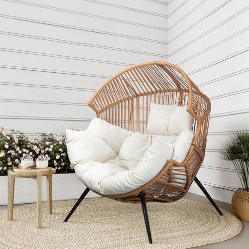 Shintenchi Wicker Egg Chair Outdoor Rattan Patio Chair with Cushion,Oversized Patio Lounge Chairs with Cushion Egg Basket Chair, Egg Seat for Indoor Living Room Bedroom Outside Patio Backyard Balcony