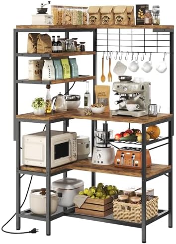 L-Shaped Bakers Rack with Power Outlet, 6-Tier Microwave Stand with Open Storage, Coffee Bar with Hooks, Mesh Grid, Kitchen Shelf with Wire Basket, Rustic Brown and Black
