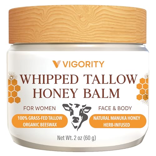 Vigority Beef Tallow and Honey Balm for Women: Organic Grass Fed Whipped Beef Tallow for Skin - Beef Tallow Face Moisturizer Infused with Manuka Honey, Beeswax and Olive Oil - 2 oz, Unscented