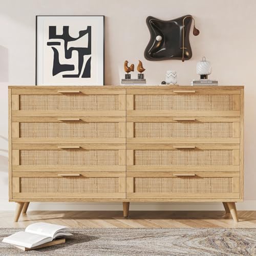 Rovaurx 8 Drawer Double Dresser for Bedroom, Rattan Chest of Dressers, Modern Wooden Dresser Chest with Golden Handles, Beside Table for Closet, Living Room and Entryway, Natural