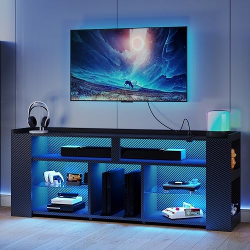IRONCK Entertainment Center with Storage, 55 Inch Tall TV Stand with Power Outlet, LED Gaming TV Cabinet for PS4, Black TV Stand with Carbon Fiber