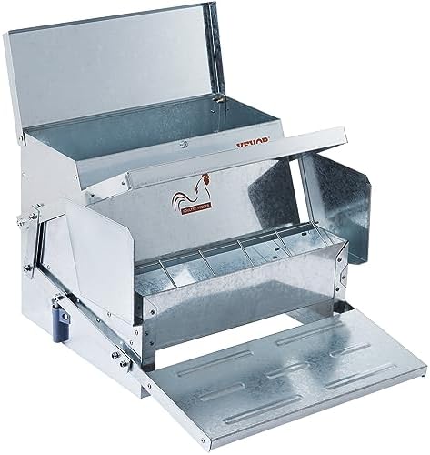 VEVOR Poultry Feeder, 25lbs Capacity, Feed Chicken Feeder with Lid & Lock, Outdoor Coop Food Dispenser, No Waste, Weatherproof Galvanized Metal Feeder for Ducks, Geese