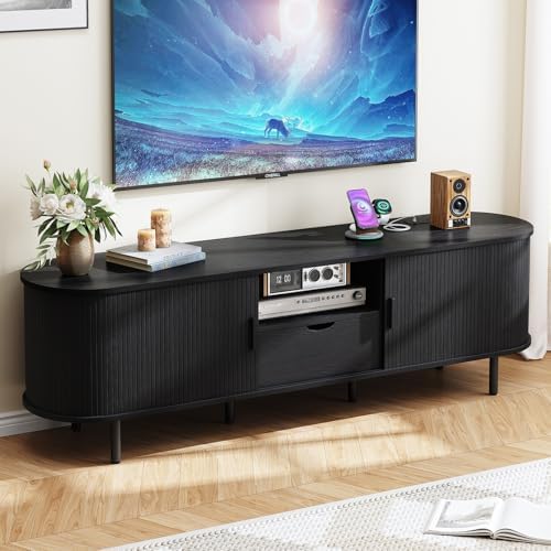 ONBRILL 69" TV Stand with Power Outlet for TVs up to 80", Entertainment Center with Storage and Drawer, TV Console with Adjustable Shelves and Sliding Door, TV Stand for Living Room, Bedroom, Black