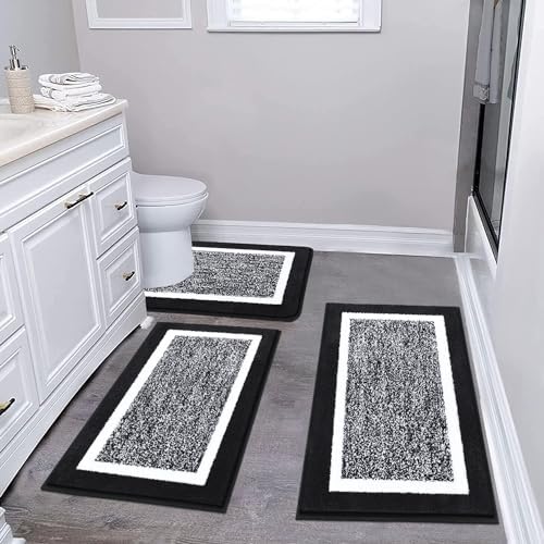 Pauwer Bathroom Rug Sets 3-Piece Shower Rugs with U-Shaped Contour Toilet Mat Absorbent Microfiber Plush Bath Mats Non Slip Machine Washable Shaggy Bathroom Floor Mats, Black