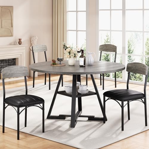 Round Dining Table Set for 4, Kitchen Table and Chairs for 4, Circle Table Round Pedestal Dining Room Dinner Dinette Table Set,5 Piece Space Saving Wood Kitchen & Dining Room Tables (Grey, 42In)