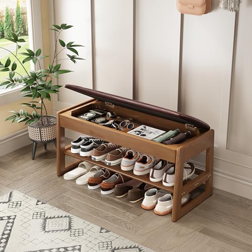 Shoe Rack Bench Seat Rubberwood 2-Tier Wooden Storage Bench 550lbs Compact Mid-Century Modern Design for Entryway, Hallway, Closet, Front Door Entrance, Foyer