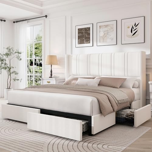 LARMACE Queen Size Bed Frame with 4 Storage Drawers and Wingback Headboard Linen Upholstered Platform Bed Frame with Wooden Slats, Easy Assembly, White