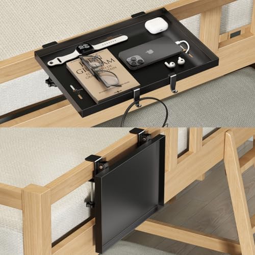 Bedside Shelf Foldable, Metal Clip-On Bunk Bed Table Shelf for Top Bunk Heavy Duty Bed Side Table Tray for College Dorm Room Essentials, Loft Nightstand Organizer Tray with 3 Cord Hole(Black)