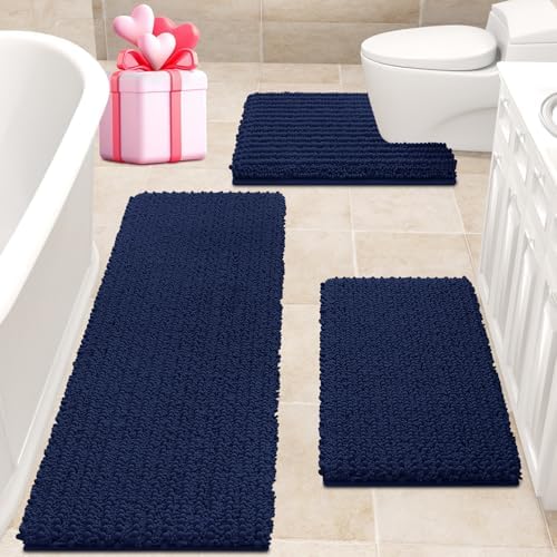ACCUMTEK Upgrade Extra Large Navy Blue Bathroom Rug Set 3 Pieces Ultra Soft, Thick Absorbent Bath Mats, Non Slip Chenille Toilet Mat for Bathroom, Bedroom, Kitchen