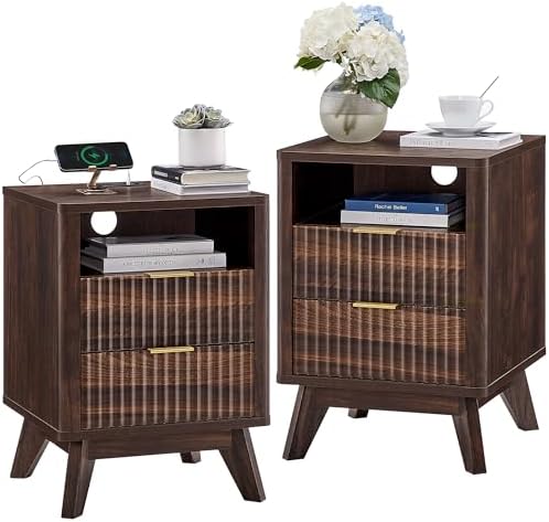 T4TREAM Fluted Nightstand Set of 2 with Charging Station, 18" Modern Side Table, 2 Drawers End Table with Storage, Bedside for Bedroom, Living Room, Curved Profile Design, Dark Walnut