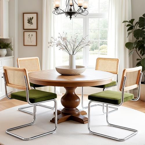 Zesthouse Mid Century Modern Dining Chairs Set of 4, Natural Rattan Dining Chairs with Solid Wood Back & Chrome Base, Upholstered Velvet Fabric, Green