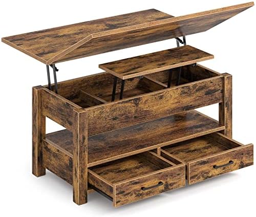 Rolanstar Coffee Table Lift Top, Multi-Function Convertible Coffee Table with Drawers and Hidden Compartment, Converts to Dining Table for Living Room, Home Office, Rustic Brown