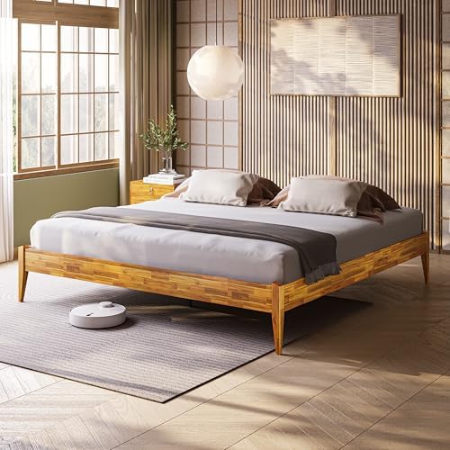 Bme Dinkee King Bed Frame Wood 15 Inch - Solid Wood Platform Bed Frame - Japanese Joinery Bed - Modern & Minimalist Style - Wood Slat Support - Easy Assembly - No Box Spring Needed - Caramel