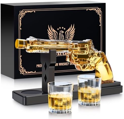 Whiskey Gun Decanter Sets for Men, Liquor Decanter Set with Two Shot Glasses, Cool Birthday Anniversary Stuff Gifts for Him, Dispenser for Liquor Vodka