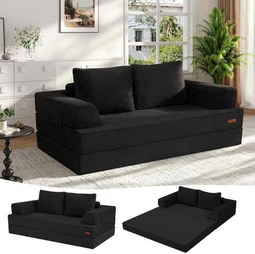 COMAX Convertible Sofa Bed, Folding Floor Couch Corduroy Fold Out Couch Bed Futon Sleeper Mattress with Pillows, Boneless Sofa Comfy Lounge Loveseat for Living Room Bedroom, Black