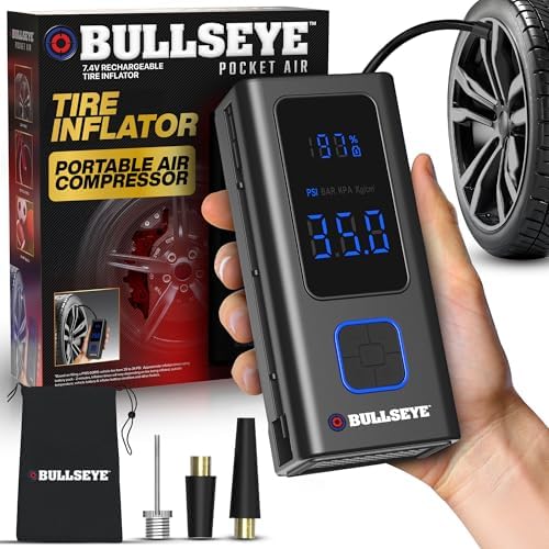 POCKET AIR Tire Inflator Portable Air Compressor by Bullseye Pro, Pressure Gauge, Auto Shut Off, Inflates in 2 Min, Cordless, 4000MAH, Small Air Pump Works with Car Tires, Inflatables, Balls (100 PSI)