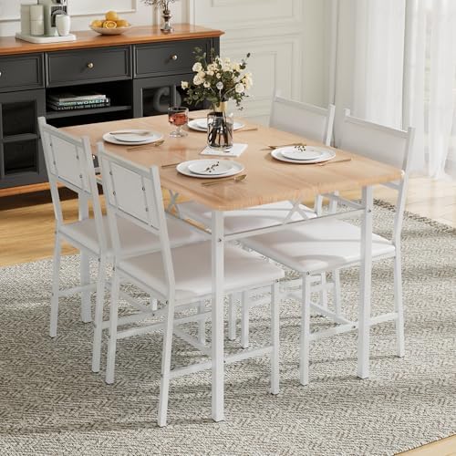 VECELO Dining Table Set for 4 with Chairs, 5-Piece Kitchen Table and Upholstered Padded Chairs Set for Small Space, Dining Room, Apartment, Natural Oak
