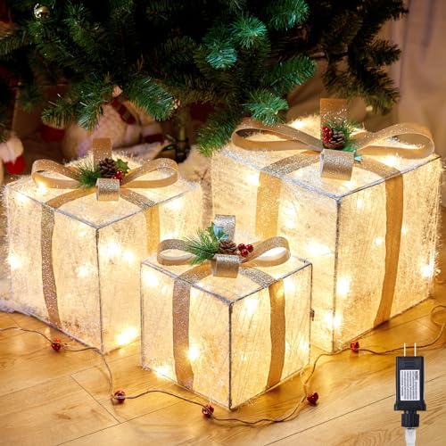 Brightown 3 Pieces Lighted Gift Boxes Christmas Decoration,12in 10in 8in Light Up Box with Pre-lit 60 LED Mini Bulb,Foldable Present Ornament for Indoor Outdoor Xmas Tree Party Holiday Decor