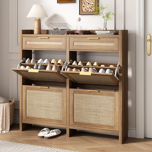 Large Rattan Shoe Storage Cabinet with 4 Flip Drawers & 2 Storages–Hidden Slim Shoe Organizer for Entryway, Large Tabletop Space, Farmhouse Boho Narrow Shoe Rack, Rustic Oak
