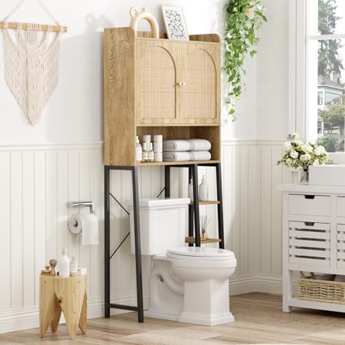Rattan Over The Toilet Storage Cabinet with Adjustable Shelf and Large Space, Bathroom Organizers and Storage Over Toilet with Rattan Door, Metal Stand, Tall Storage Shelves Above Toilet, Natural