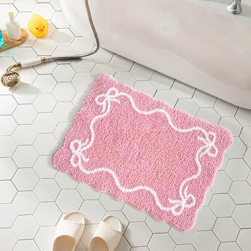 Mocsicka Pink Bow Bath Mat Cute Bow Bathroom Rug Super Soft Absorbent Bathroom Rugs Non Slip Bath Mat Machine Washable Rug for Bathrooms 16x24 inches (Pink, 40x60cm)