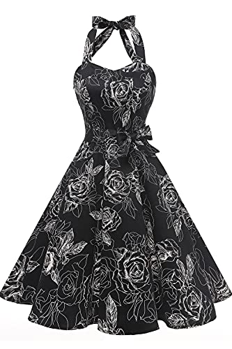 Topdress Women's Vintage Polka Audrey Dress 1950s Halter Retro Cocktail Dress Black White XL