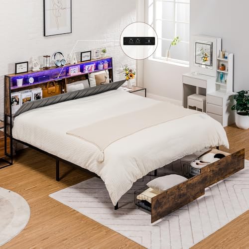 COMHOMA Platform Bed Frame with LED Lights and Charging Station, Storage Headboard and Footboard Drawers, No Box Spring Needed, Rustic Wood Look (King (U.S. Standard))