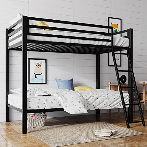 SHA CERLIN Loft Bunk Bed Twin Over Twin Size with Ladder and Guardrail,Heavy Duty Metal Slats Support No Box Spring Needed Small Space Saving Furniture for Bedroom Dorm,Black