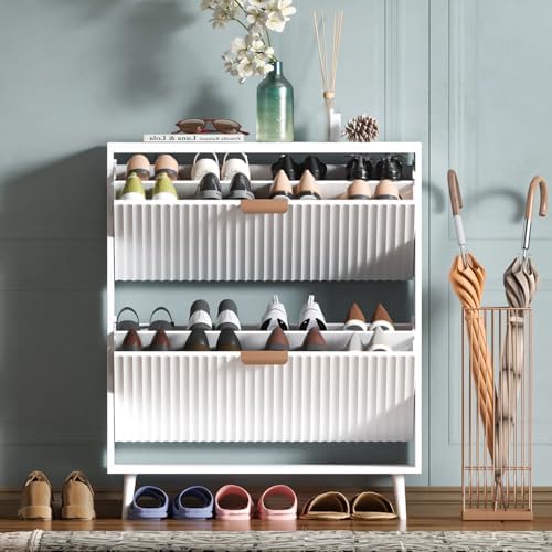 Shoe Cabinet Storage,Modern Freestanding Organizer with 2 Flip Drawers,Narrow Shoe Rack Cabinet for Entryway,White