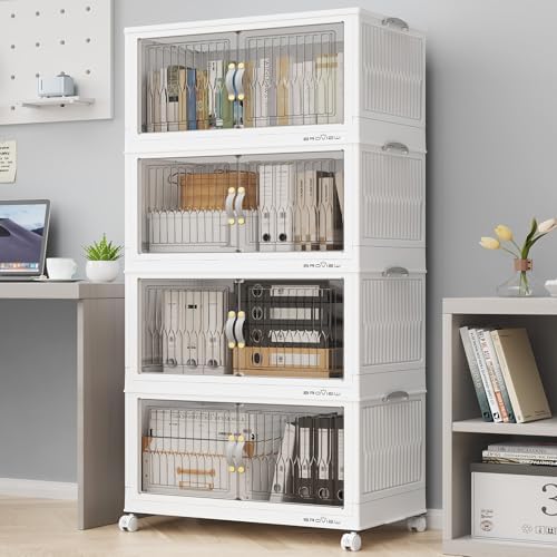 BROVIEW 240Qt Stackable Storage Bins with Lid, Extra Large Closet Organizer Collapsible Drawer Boxes with Wheels, Folding Plastic Cabinet Containers for Home Kitchen Room Organization, 4Pack White