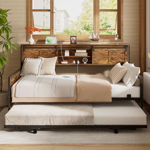 Homieasy Daybed with Trundle, Farmhouse Twin Day Bed with Bookcase Headboard and Charging Station, Heavy Duty Metal Sofa Bed Frame with Pop-up Trundle Bed for Living Room, Bedroom, Rustic Brown