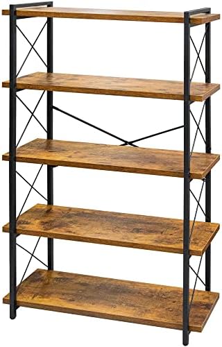 HCHQHS Bookshelf, 5-Tier Industrial Bookcase, Rustic Open Book Shelf, Freestanding Tall Bookshelves with Metal Frame