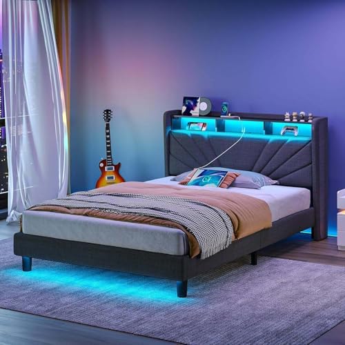 Rolanstar Twin Size Bed Frame, Storage Headboard with Charging Station and LED Lights, Upholstered Bed with Heavy Duty Wood Slats, No Box Spring Needed, Noise Free, Easy Assembly, Dark Grey