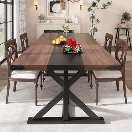 71 Inch Dining Table for 6 People, Rectangular Kitchen Farmhouse Table W/Thickness Waterproof Wood Tabletop,Long Dining Room Tables W/Wood Strip Base for Kitchen Living Room(Brown&Black)
