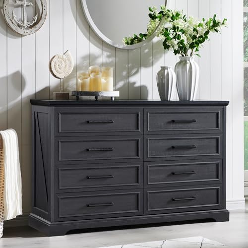ACCOHOHO Farmhouse 8 Drawers Dresser Chests for Bedroom,52" Wide Wood Rustic Chest of Drawers with Metal Handle,Natural Texture,Drawer Organizer for Bedroom,Living Room,Hallway and Entryway,Black