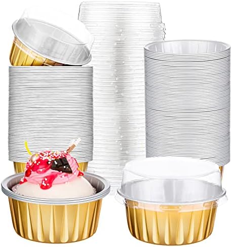 200 Pack Aluminum Foil Cupcake Baking Cups 5oz Cupcake Liners Dessert Cups with Lids Disposable Cupcake Cups Mini Cake Containers Flan Mold Tin Mini Muffin Liners for Wedding(Gold)