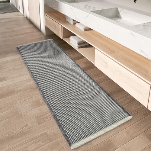AMOAMI Upgraded Waffle Runner Rug Super Absorbent Non Slip Bath Mats for Bathroom Machine Washable Bathroom Runner Rug with Tassels, Ideal for Hallway Bedroom Laundry Room, 2' x 4', Darkgrey & Cream
