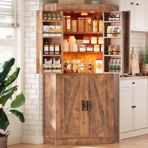 Corner Cabinet,71'' Kitchen Pantry Storage Cabinet with 4 Doors and Shelves, Tall Food Pantry Storage Cabinet Farmhouse Furniture for Kitchen Dining Room, Brown