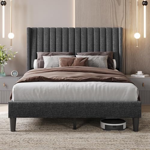 Yaheetech Full Bed Frame Upholstered Platform Bed with Fabric Headboard, Wing Edge Design/Non-Slip and Noise-Free/Wooden Slats Support/No Box Spring Needed/Easy Assembly, Dark Gray Full Bed