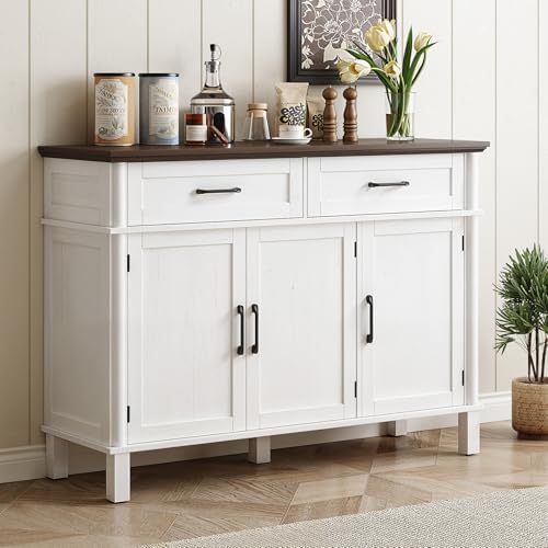 48 Inches Buffet Cabinet with Storage, Farmhouse Sideboard Buffet w/2 Drawers and 3 Doors, Wood Coffee Bar Cabinet with Adjustable Shelves, Sideboard Storage for Kitchen, Living Room, Off White