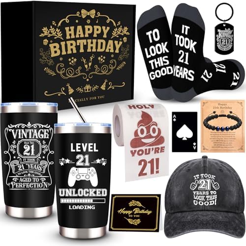 9 Pcs Happy 21th Birthday Gifts for Boys, 21 Year Old Boy Birthday Gifts with 20 Oz Tumbler, Funny Socks, Toilet Paper, Bracelet, Baseball Cap, Keychain for Son, Nephew, Grandson, Brother