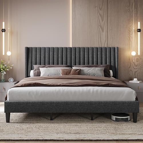 Yaheetech King Bed Frame Upholstered Platform Bed with Fabric Headboard, Wing Edge Design/Non-Slip and Noise-Free/Wooden Slats Support/No Box Spring Needed/Easy Assembly, Dark Gray King Bed