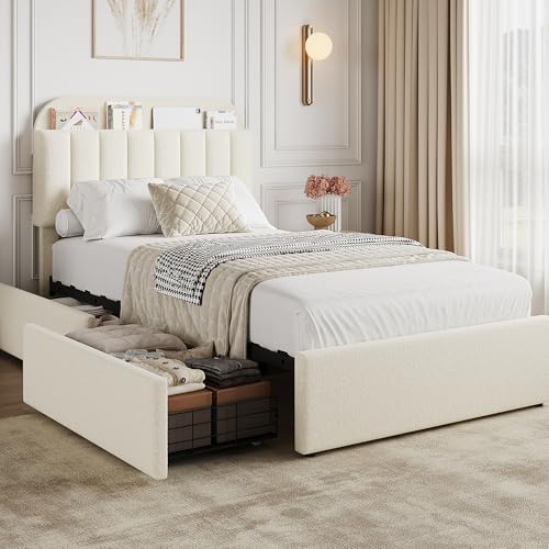 GarveeHome Twin Bed Frame with Storage Headboard, Kids Bed Frame with 2 Drawers, Boucle Upholstered Platform Bed with Bookcase, No Box Spring Needed, Easy Assembly, Beige White